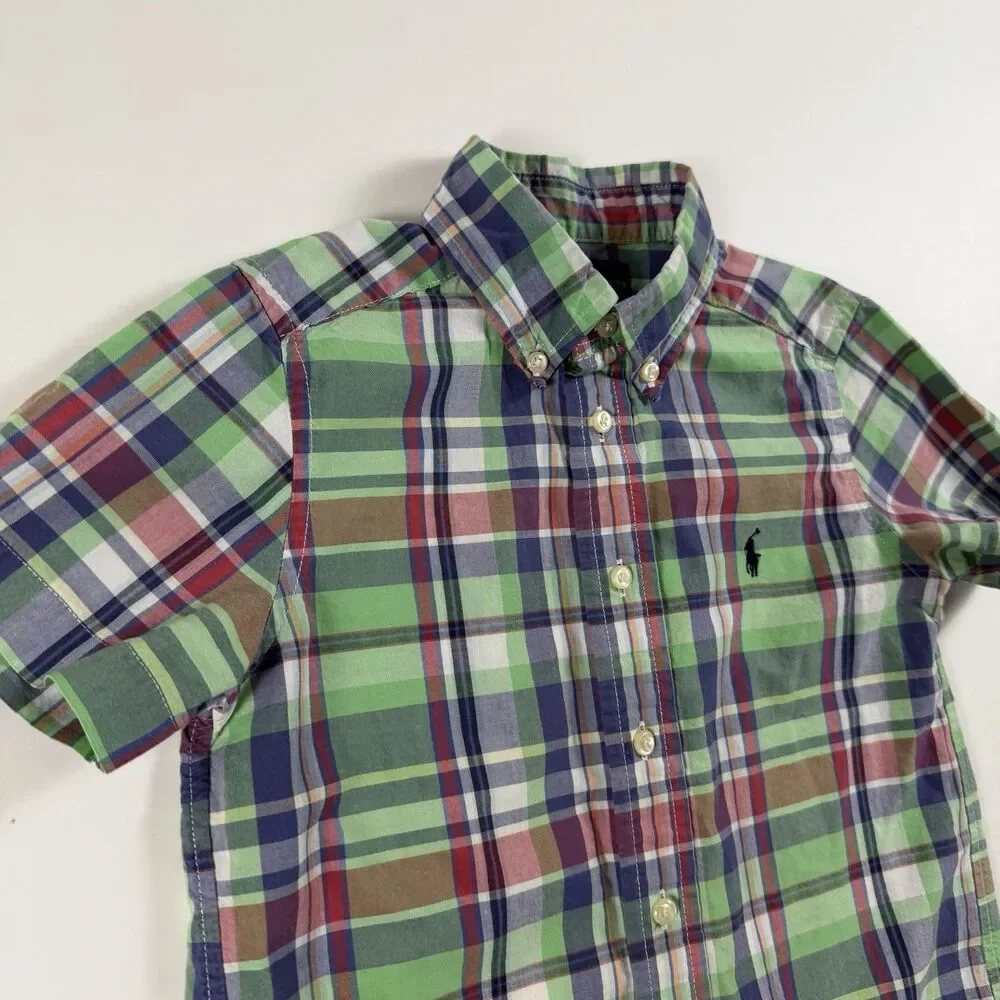 Ralph Lauren Boys 4/4T Plaid Button Down Shirt Green Blue Red 100% Cotton